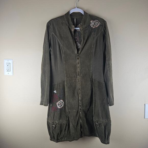 XCVI Jackets & Blazers - XCVI Green Embroidered Floral Long Full Zip Jacket Size Small
